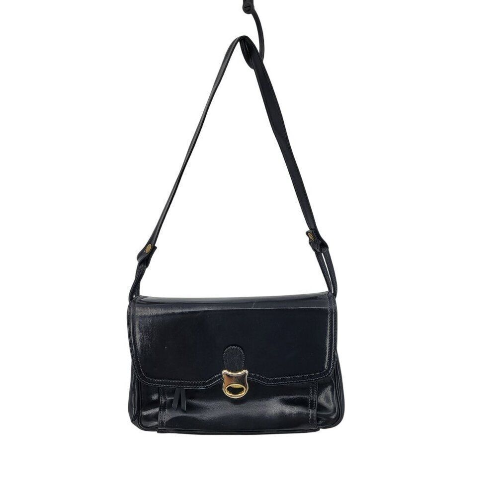 Vintage 60s Handbag Black Leather Shoulder Bag  Adjustable‎ Strap Brass Hardware